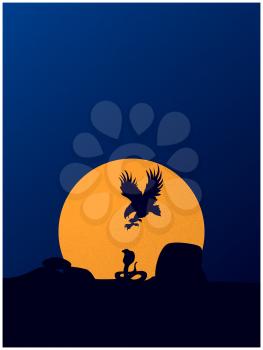 Dark Silhouette Of An Eagle Hunting A Snake Over Dark Blue Sky Background