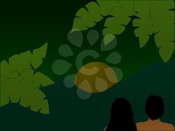 Hand Drawn Peaceful Scene Night View In Green Gradients And Grain Texture Of Mountains Green Leafs And Male Female Couple Observing The Moon Background