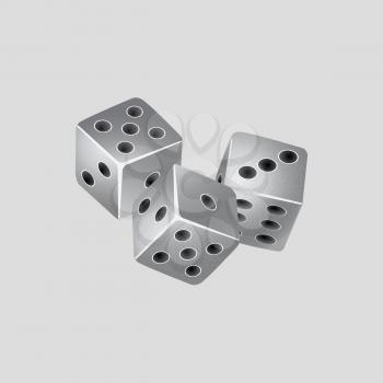 Trio Of Game Silver Dice With Grain Texture Over Gray Background