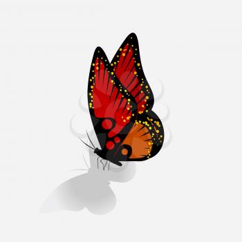 Clip Art Illustration Of A Red And Black Butterfly With Yellow Dots And Shadow Over White Background