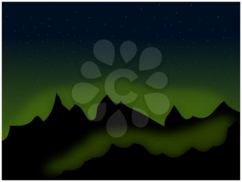 Peaceful Night Scene View Of Silhouette Mountains With Glowing Green Over Sky With Stars Background