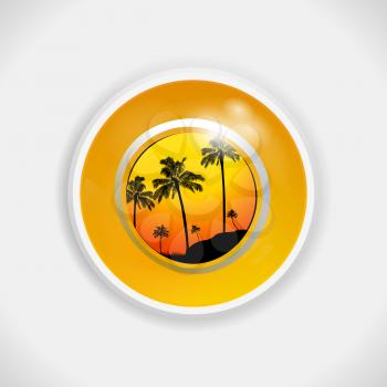 3D Illustration Of A Yellow Bingo Lottery Ball With Tropical Summer Scene Of Palm Trees Silhouette Instead Of The Number Over White Background