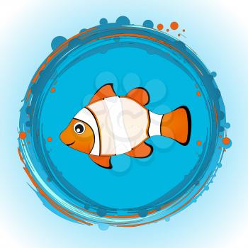Hand Drawn Cute Tropical Nemo Fish With Blank Copy Space On His Body Over Circular Blue And Orange Border And White And Blue Background