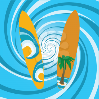 Decorated Surfboard With Ocean Waves And Tropical Palm Tree Over Blue And White Abstract Swirl Background
