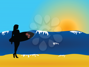 Hand Drawn Female Surfer Black Silhouette Holding A Decorated Surfboard With Red Flowers Over Waves Sand And Sky With Sun Background
