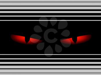 Evil Red Eyes On Black Panel Over Grey Background With Black Stripes