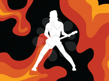 White Silhouette Of Rock Star Playing Guitar Over Abstract Psychedelic Red Orange Yellow And Black Background