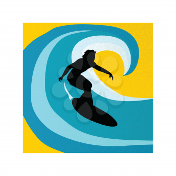 Hand Drawn Surfer Black Silhouette Surfing Over An Abstract Blue And White Ocean Wave On Yellow Background