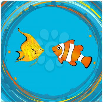 Hand Drawn Cartoons Style Cute Colourful Tropical Fishes Over Abstract Vortex Spinning Water And Bubbles Background