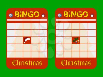 Christmas Decorated Red Blank Copy Space Bingo Cards With Decorative Text Balls Santa Hat And Holly Over Green Background