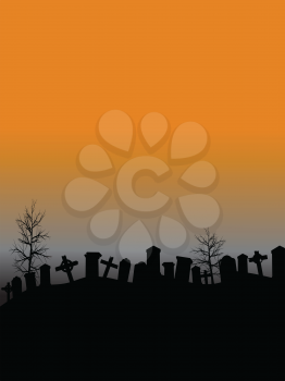 Halloween Spooky Blank Copy Space Background With Graveyard Black Silhouette And Creepy Trees 