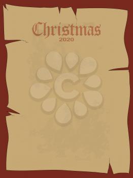 Blank Copy Space Christmas Paper Ancient Sheet In Brown With Grunge Cracks And Decorative Gothic Text Over Dark Red Background