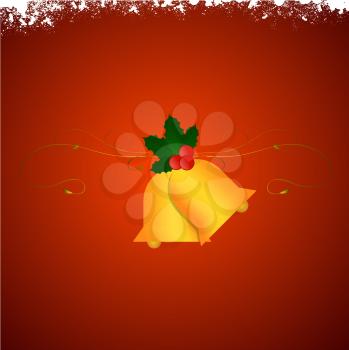 Red Festive Square Christmas Background With Snow And Two Golden Bells Attached By Green Holly Leaves And Berries On Floral Abstract Design