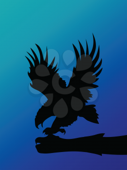 Black Silhouette Of An Eagle Landing On Harm With Glove Over Blue Gradient Portrait Background