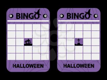 Blank Copy Space Halloween Purple Bingo Cards Decorated With Spider Webs Creepy Devil And Graveyard Over Black Background