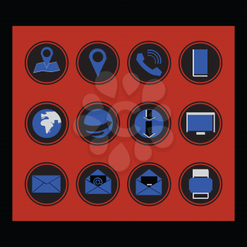 Blue And Black Circular Round Icons Set Of Twelve Web Icon Business Phone Navigation Print Computer Email Messages Mobile phone Download GPS Position Over Red And Black Background