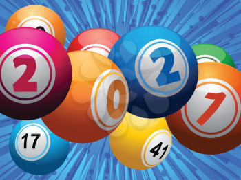 Bingo Lottery Balls With 2021 Date In Purple Orange And Blue Over Blue Star Burst Background