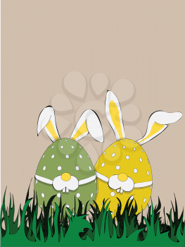 Hand Drawn Easter Decorated Eggs With Bunny Ears And Nose Over Green Grass Background