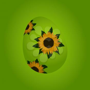 Beautiful Green Easter Egg Decorated With Hand Drawn Sunflowers Over Green Gradient Background