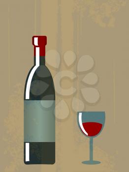 Vintage Brown Poster With Wine Bottle With Blank Label and Wine Glass With Grunge Effect