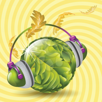 Royalty Free Clipart Image of a Leaf Ball Wearing Headphones Changing From Summer to Autumn Colours
