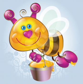 Royalty Free Clipart Image of a Cartoon Bee With a Honeypot