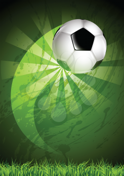 Royalty Free Clipart Image of a Flying Soccer Ball on a Curved Trajectory Over a Grunge Background