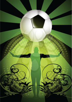 Royalty Free Clipart Image of a Soccer Ball on a Grunge Background With a Male in Silhouette