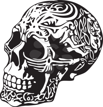 Royalty Free Clipart Image of a Skull With a Decorative Carving