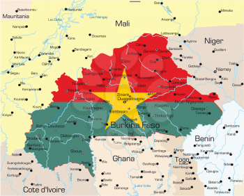 Royalty Free Clipart Image of a Map of Burkina Faso With the Flag on It
