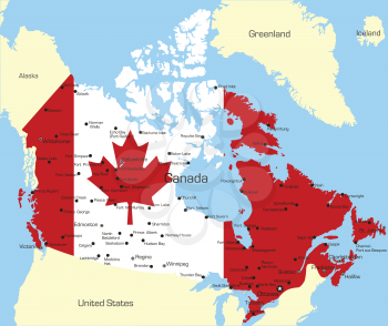 Royalty Free Clipart Image of a Map of Canada Painted With the Flag