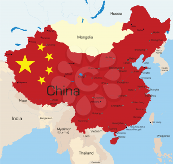 Royalty Free Clipart Image of a Map of China With the Flag on It