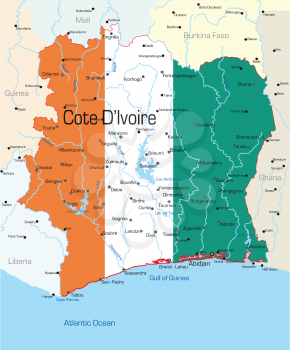 Royalty Free Clipart Image of a Map of Cote D'lvoire Painted With the Flag