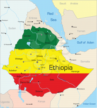 Royalty Free Clipart Image of a Map of Ethiopia With the Flag on It