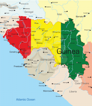 Royalty Free Clipart Image of a Map of Guinea With the Flag Painted on It