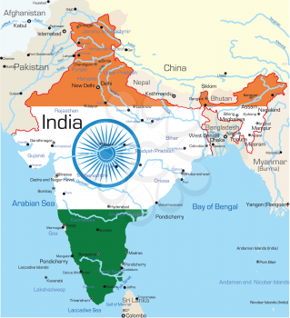 Royalty Free Clipart Image of a Map of India Coloured By the Flag