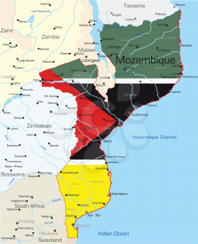 Royalty Free Clipart Image of a Map of Mozambique With the Flag on It