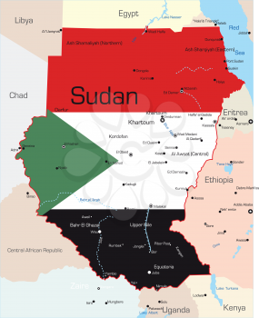 Royalty Free Clipart Image of a Map of Sudan With the Flag on It