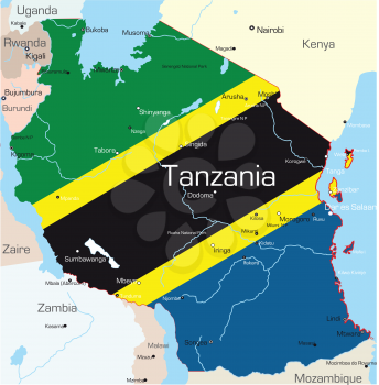 Royalty Free Clipart Image of a Map of Tanzania Painted Like the Flag