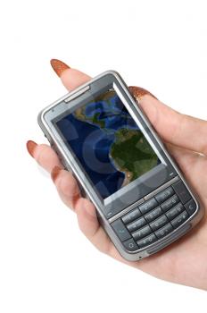 c a Woman Holding a Communicator With Planet Earth at Screen