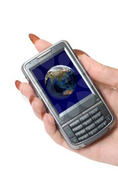 Royalty Free Photo of a Woman Holding a Communicator With Planet Earth at Screen