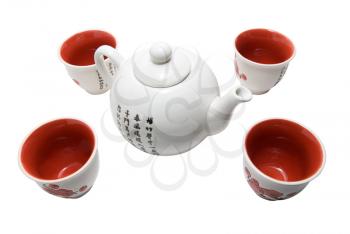 Tea-things in asian style with hieroglyphics. Isolated on white.