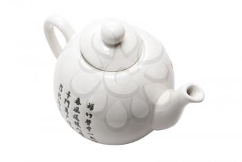 Teapot in asian style with hieroglyphics. Isolated on white.