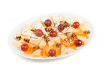 different cheese with grapes isolated on a white