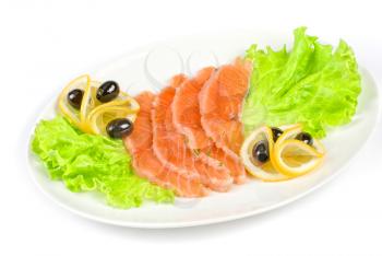 Salmon with lettuce, lemon and olive on white background