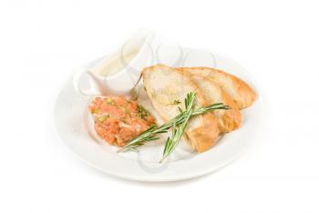 Royalty Free Photo of Tar-tar From Salmon With Green Onion