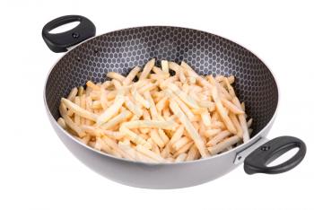 Fried potatoes in Teflon pan on white