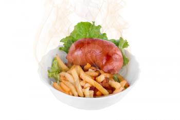 Royalty Free Photo of a Sausage and French Fries
