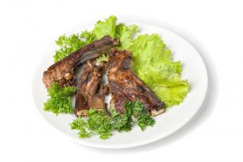 Grilled  lamb meat and vegetables isolated on white background