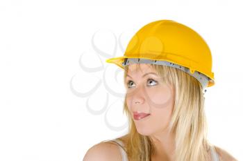 Royalty Free Photo of a Woman Wearing a Yellow Hardhat 